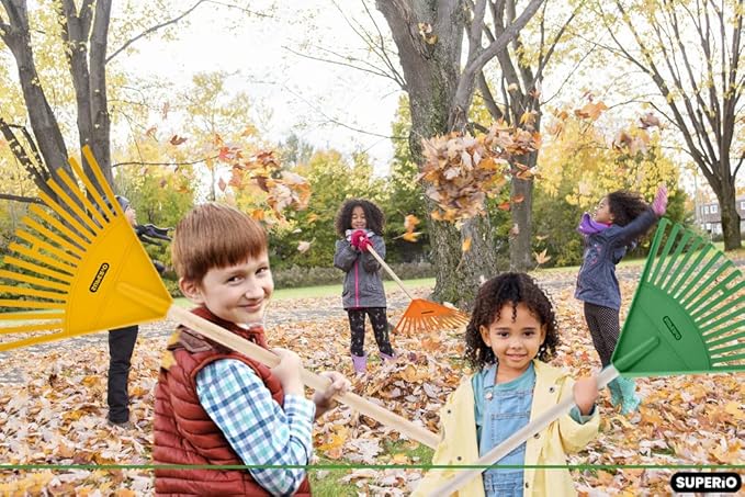 Superio Kids Rake with Hardwood Handle, Gardening and Lawn Care Tools for Kids, Sweep Leaves and Tidying Up The Garden, Plastic Tines and Heavy Duty Wooden Handle 34"