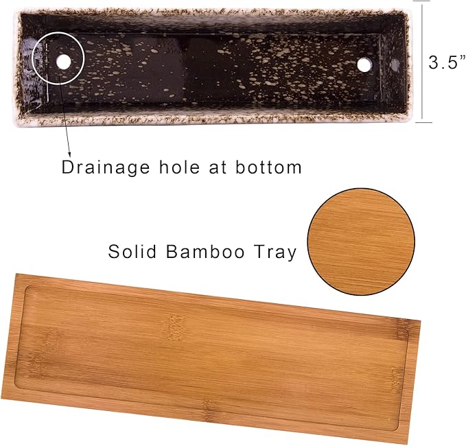 Succulent Pots - 12.1 Inch Large Succulent Planters Pots with Drainage Tray, Long Rectangle Ceramic Pots for Indoor Cactus/Succulent Plants Shallow Bonsai Window Box for Home Garden Decor (White)