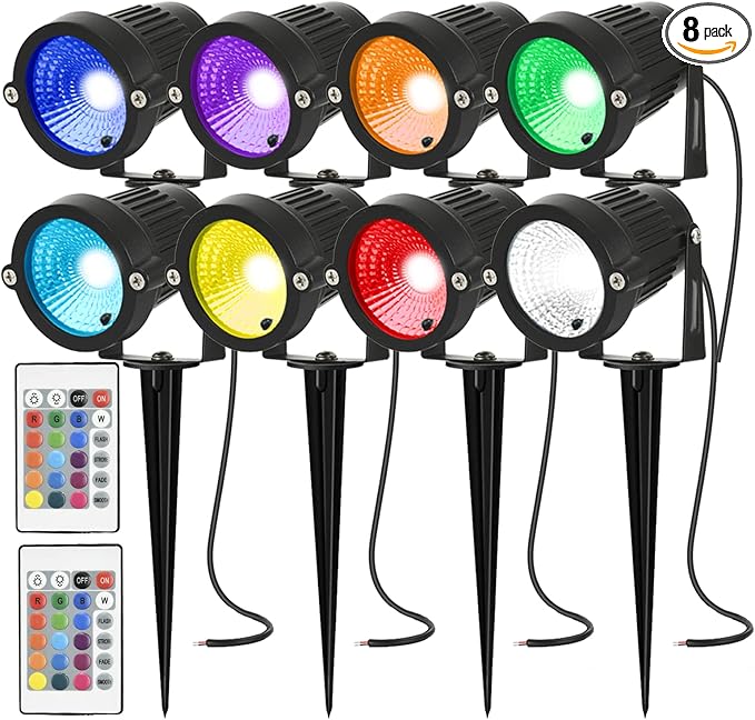 Low Voltage Landscape Lights Color Changing RGB 5W DC12V LED Landscape Lighting Outdoor Waterproof Spotlight Remote Control for Garden Pathway Christmas Decorative Light(8, Multi-Colored)