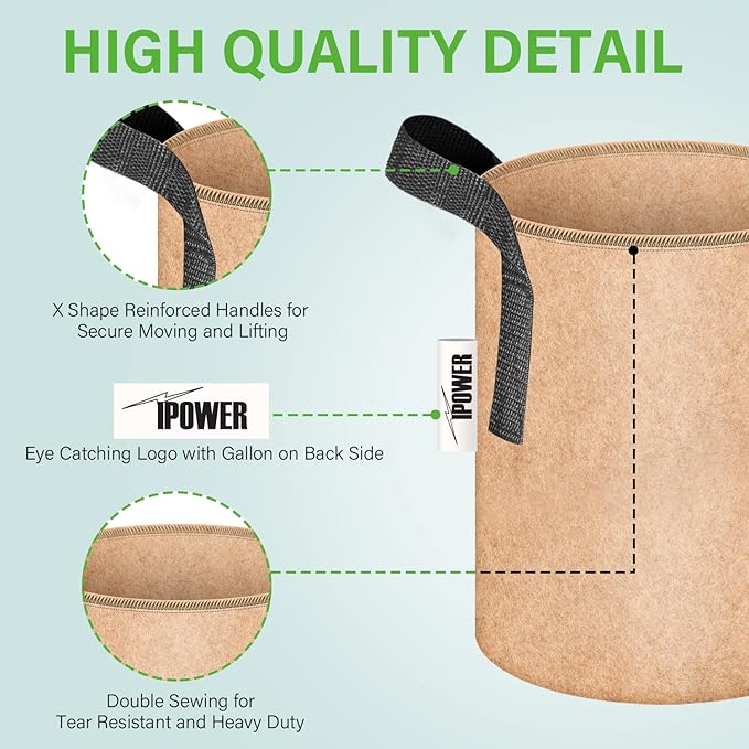iPower 5-Pack 1 Gallon Plant Grow Bags Thickened Nonwoven Aeration Fabric Pots Heavy Duty Durable Container, Strap Handles for Garden, Tan