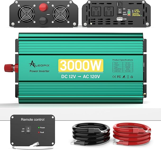 3000 Watt Inverter 12V to 110V/120V 6000W Peak Truck Power Inverter for Vehicles, Modified Sine Wave AC to DC Converter for RV Home with 2 AC Outlets 3.4A USB Port LED Didplay Remote Controller
