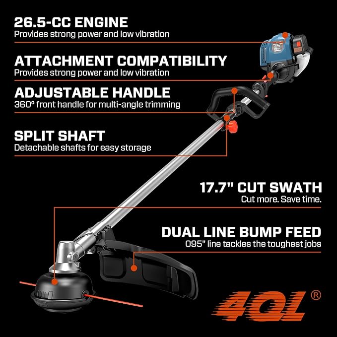 SENIX 17-inch 26.5 cc Gas Weed Wacker, Bump Feed, Straight Shaft, with Shoulder Strap, 4-Cycle Grass String Trimmer