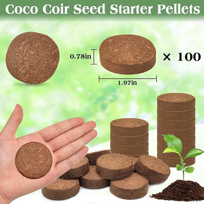 ZeeDix 100pcs(50mm) Coco Coir Pellets Potting Soil Indoor Plants, Compressed Coconut Coir Soil Pellets Seed Starting Pellets Soil Discs for Planting Flowers Bonsai Herbs Plants and Vegetables