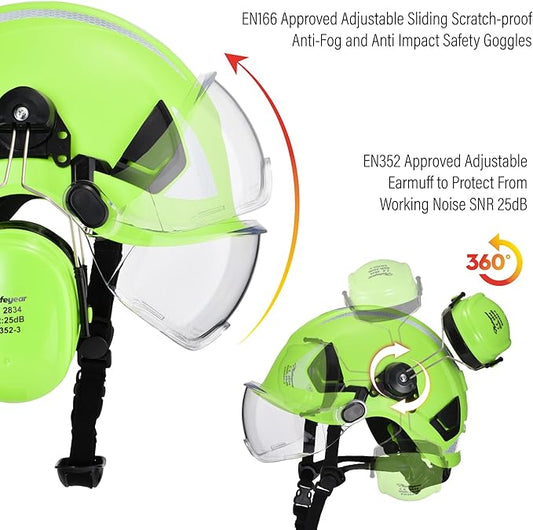 SAFEYEAR Forestry Hard Hat, Cap Style Chainsaw Safety Helmet with 4 Point Ratchet Suspension for Women & Men, with Adjustable Ear Muffs & Face Shield Visor, Neck Shade,Anti Impact Work Gloves