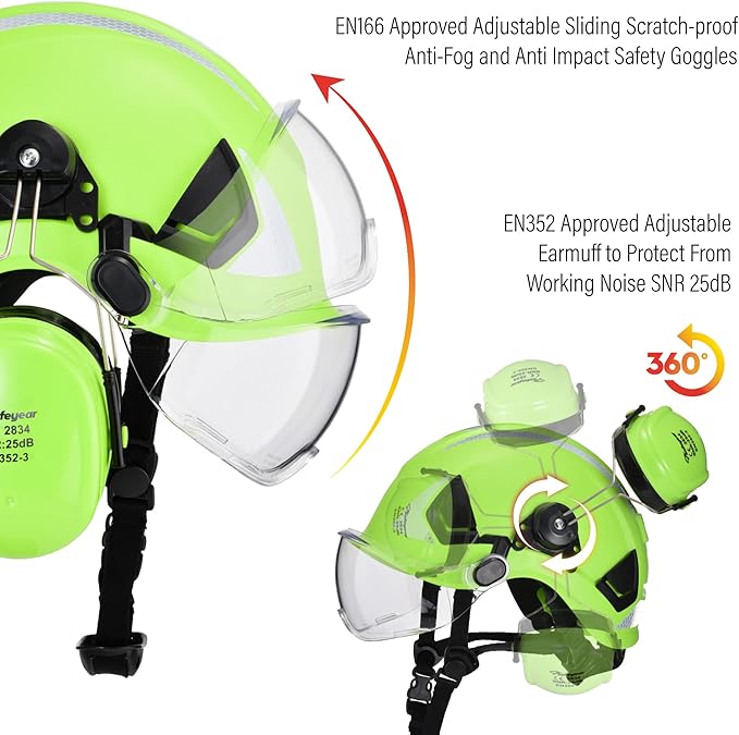 SAFEYEAR Forestry Hard Hat, Cap Style Chainsaw Safety Helmet with 4 Point Ratchet Suspension for Women & Men, with Adjustable Ear Muffs & Face Shield Visor, Neck Shade,Anti Impact Work Gloves