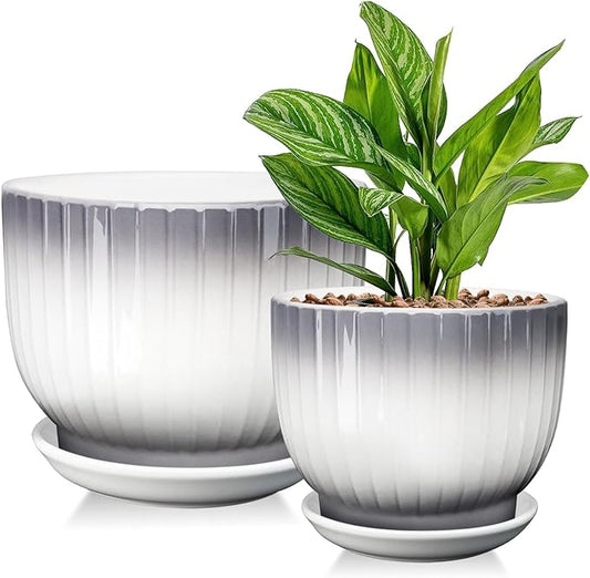 6.7 + 5.5 Inch Plant Pot, Ceramic Planter with Drainage and Saucer, Ceramic Pots for Plants, Indoor Plant pots,Ceramic Flower pots(Gray + White, Plants NOT Included)