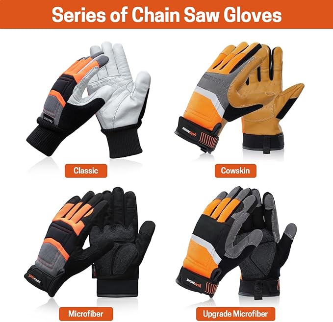 Chainsaw Gloves - Anti-Cut Leather with 12-Layer Chainsaw Protection on Back of Left Hand Only, Classic
