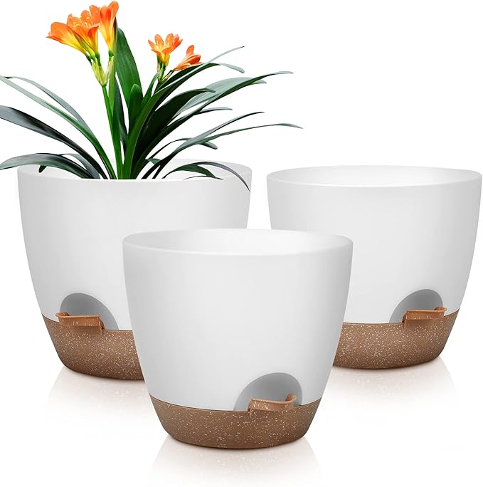 Plant Pots 10/9/8 Inch Self Watering Pots, Set of 3 Plastic Planters with Drainage Holes and Saucers,Plastic Flower Pots,Nursery Planting Pot for Indoor Out Door Plants(White)