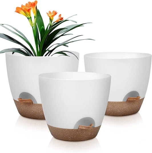 Plant Pots 10/9/8 Inch Self Watering Pots, Set of 3 Plastic Planters with Drainage Holes and Saucers,Plastic Flower Pots,Nursery Planting Pot for Indoor Out Door Plants(White)