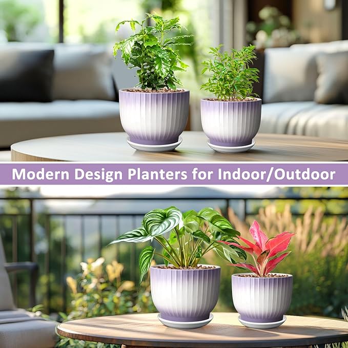 6.7 + 5.5 Inch Plant Pot, Ceramic Planter with Drainage and Saucer, Ceramic Pots for Plants, Indoor Plant pots,Ceramic Flower pots(Purple + White, Plants NOT Included)