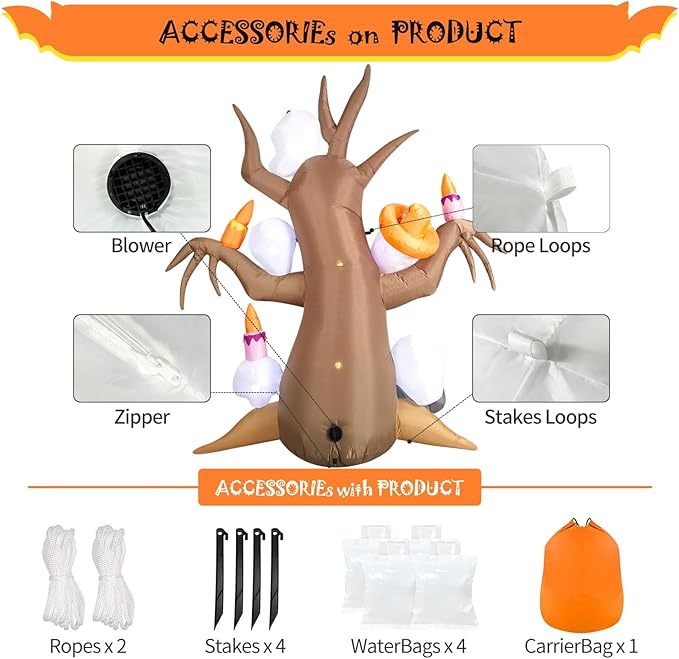 DomKom Tree Halloween Inflatable Blow Up Decorations, Dia de Los Muertos 8FT Day of The Dead Spooky Tree with Catrina Skull and Hairless Dog, Built-in LEDs for Holiday, Garden Lawn Yard Patio Décor