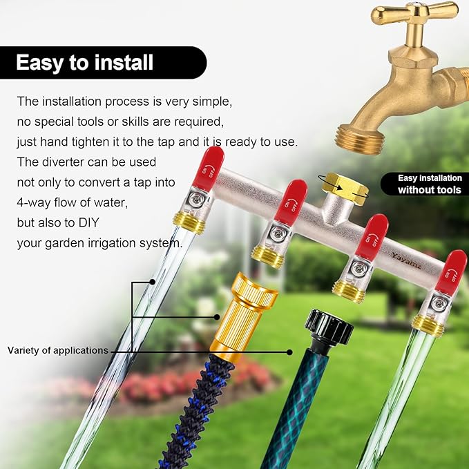 4 Way Garden Hose Splitter, Heavy Duty Brass Nickel Plated Rust Resistant Faucet Manifold, 3/4" Frost Resistant Outdoor Hose Adapter Connector,Hose Spigot Adapter with 4 large red handles