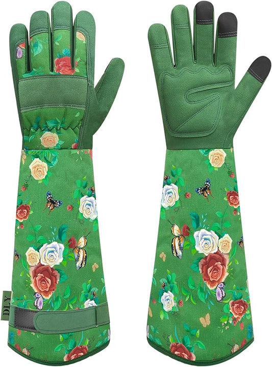 DLY Gardening Gloves for Women, Rose Gloves Gardening Thorn Proof, Long Garden Gloves for Women, Durable and Comfortable Leather Gauntlet (Small, Green