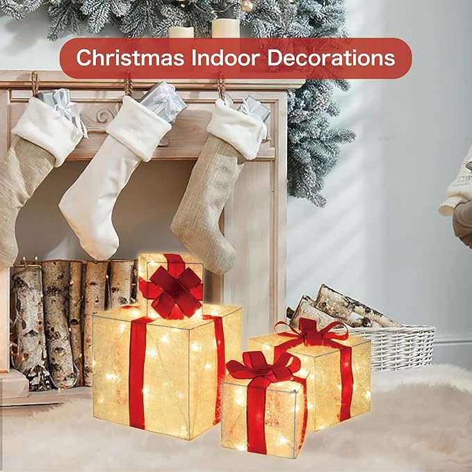 Set of 4 Christmas Lighted Gift Boxes, 3.3FT 70 LED Stackable Light Up Present Boxes for Christmas Decorations Indoor Outdoor Yard Lawn Porch Home Decor(4 Piece Set)