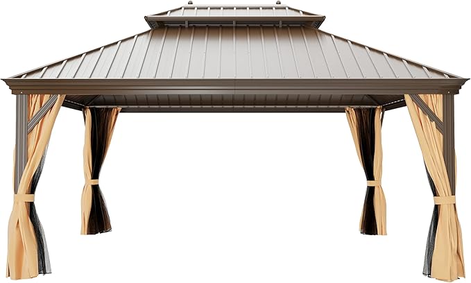 12'x16' Hardtop Gazebo, Outdoor Aluminum Patio Gazebo Double Roof Galvanized Steel Canopy with Netting and Curtains,for Garden, Patio, Backyard, Deck and Lawns.