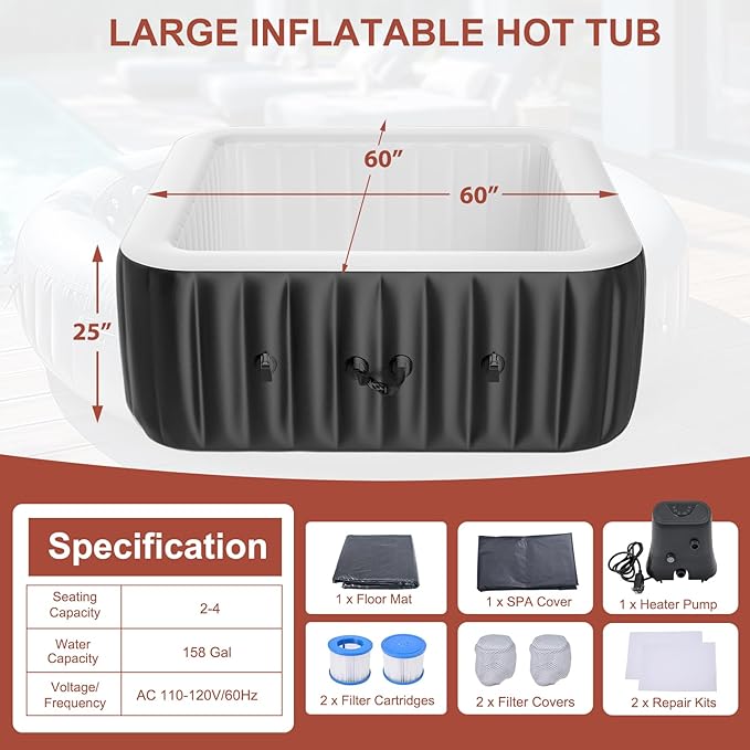 LILYPELLE 2-4 Person Inflatable Hot Tub, Large Square Portable Hot Tub with 120 Bubble Jets, Outdoor Spa Set Included Heater Pump, Filter and Spa Cover, 60" X 60" X 25"