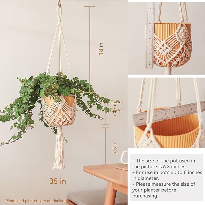 Hanging Planter with Patterns,2Packs Macrame Plant Hangers Indoor Macrame for up to 8 inch Pot Crochet Boho Plant Hanger Holder for Indoor Outdoor with 2S Shaped Stainless Steel Hooks (White)