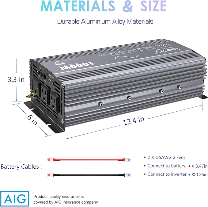 LEESKY 1000W Pure Sine Wave Power Inverter 12V DC to 120V AC Converter with LCD Remote Controller UL-Certified Fuses Compatible with Lithium Battery Starlink for Car RV Truck Solar Home Off-Grid Use