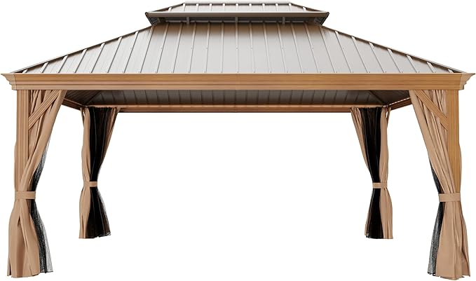 12' X 16' Hardtop Gazebo, Outdoor Aluminum Patio Gazebo Double Roof Galvanized Steel Wooden Finish Coated Canopy with Netting and Curtains for Garden, Patio, Backyard, Deck and Lawns.
