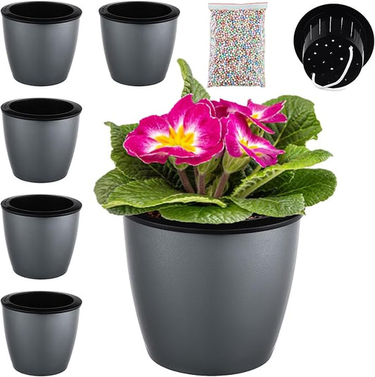 Planterhoma 6.7 Inch Self Watering Pots for Indoor Plants, 5 Packs African Violet Pots with Black Wick Pots, Self Watering Planters for Devil's Ivy, Indoor Plant Pots, Silver Gold