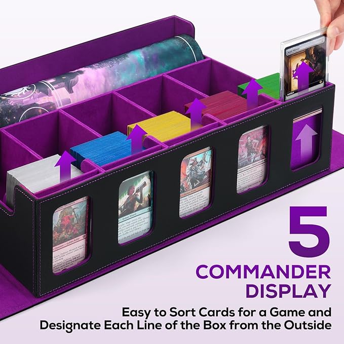Trading Card Storage Box for MTG, card storage box with Commander Display,Multi-purpose Deck Case for MTG TCG Sports Card, 4 Toploaders, 4 Stoppers, 4 Colorful Dividers (Black& Purple, 5-Row)
