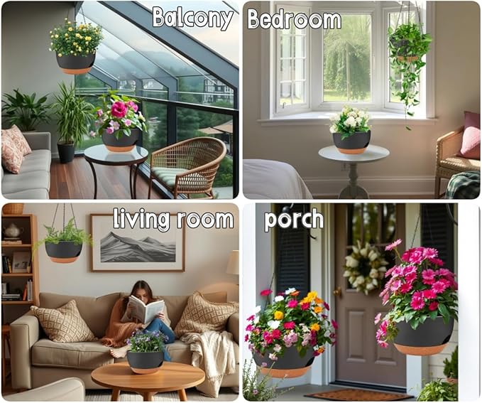 2 Pack 12 Inch Large Hanging Planters with Chains Self Watering Black Brown Plastic Hanging Pots for Indoor Outdoor Plants, Garden Porch Home Decor,Black Brown