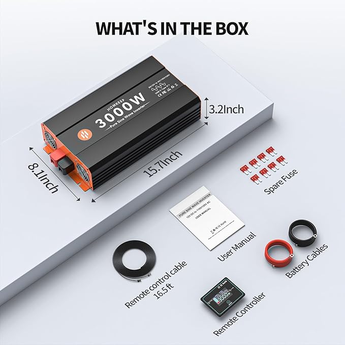 3000W Pure Sine Wave Power Inverter 12V DC to 110V AC Converter Peak Power 6000W for RV Truck Off-Grid Solar Car Inverter with 4 AC Outlets, 2 USB & 1 Type-C Ports, Cables Included, Remote Controller