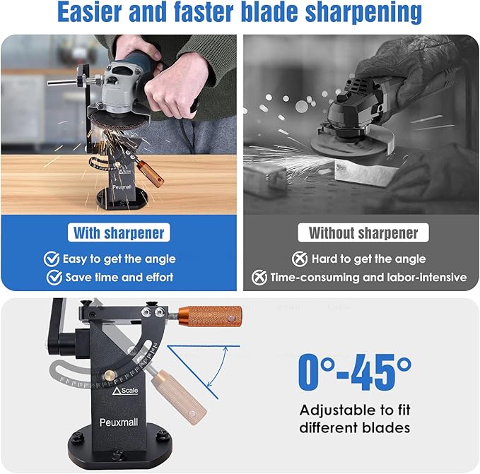 Lawn Mower Blade Sharpener, 15°-45° Adjustable Frame with Ball Bearing Manufacture Handle for Right Left Hand Blades, Lawnmower Blade Sharpening Tool Use with Angle Grinder (Black) - Max Width: 70mm
