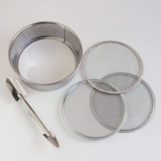 Wazakura Stainless Steel Soil Potting Set with 3PCS Soil Sieve Set and Soil Scoop, 3 Interchangeable Sieve Mesh Filter Sizes, Bonsai Gardening Tool Kit - Sieve + Scoop