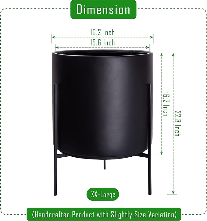 D'vine Dev Mid Century Plants Pot Cylinder Planter with Heavy Duty Stand, XX-Large 16 Inch Pot, 22.8 Inch with Stand Height, Black, 96-T-B-5