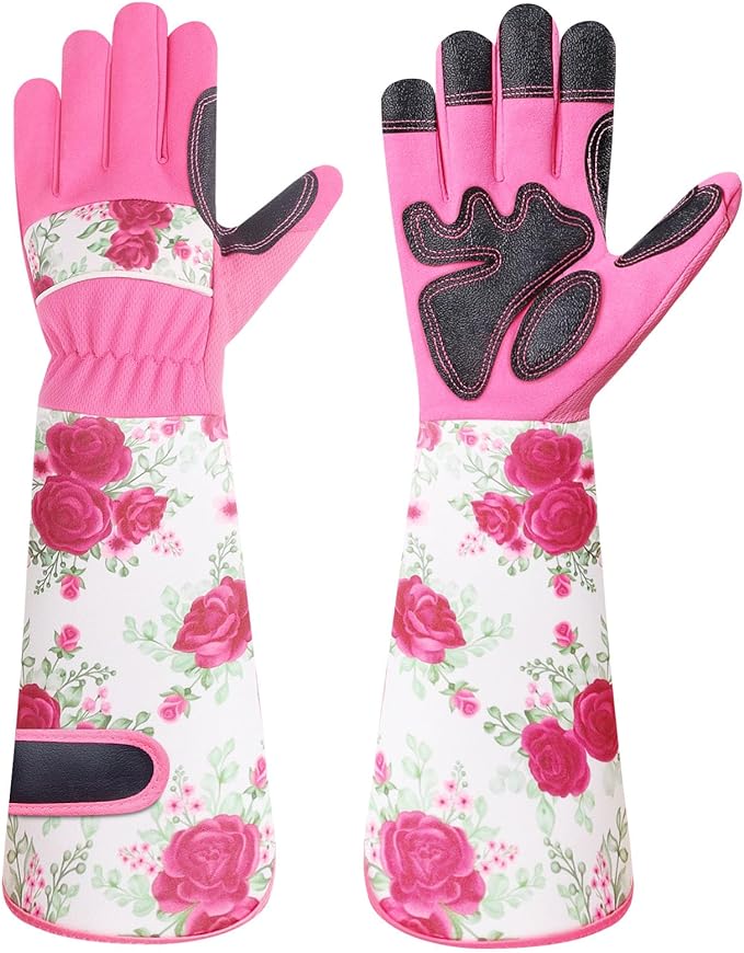 DLY Gardening Gloves for Women, Rose Gloves Gardening Thorn Proof, Long Garden Gloves for Women, Breathable & Durable Leather Gauntlet (Medium, Rose Red)