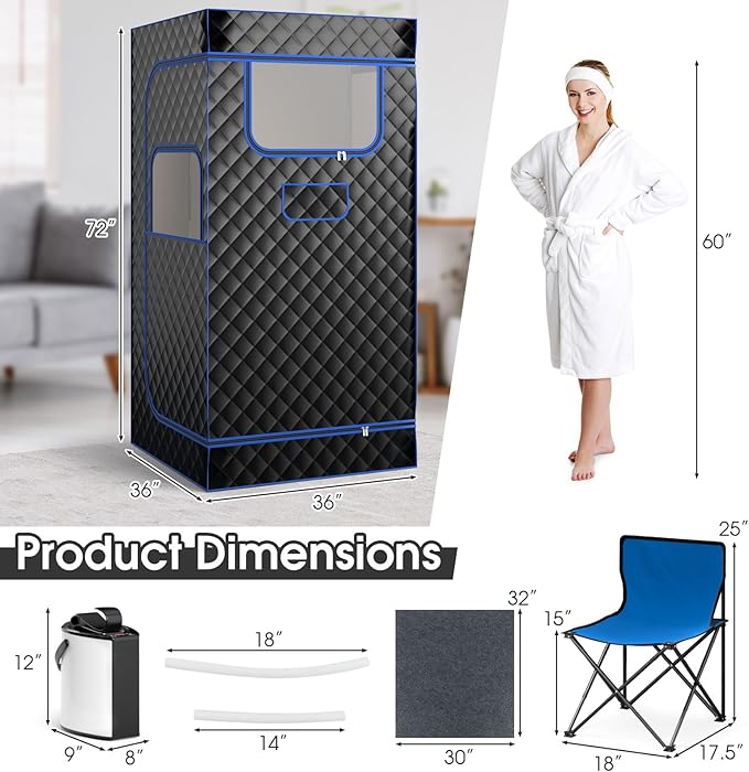 COSTWAY Portable Steam Sauna, Personal Home Sauna Tent w/ 3L Steam Generator, Foldable Chair, Remote Control, 9-Level Adjustable Temperature, Timer, Full-Size Indoor Steam Room for Home Spa (Black)