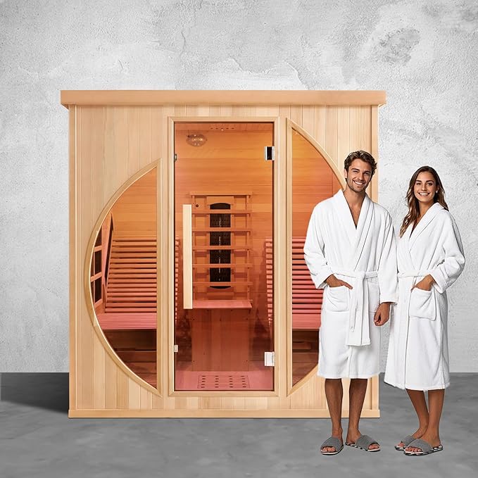 Smartmak Full Spectrum Infrared 2 Person Sauna Room for Home, Red Light Therapy Luxury Recliner Wood Indoor Saunas, Canadian Hemlock Dry Spa Room, 3400W with 10 Heaters, Speakers, Lights, Oxygen Bar
