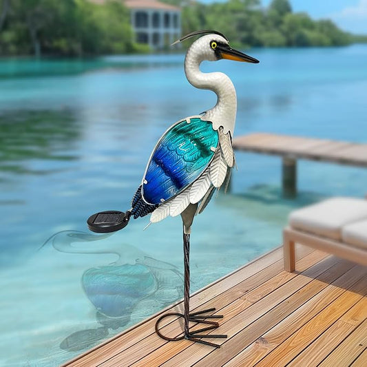 HONGLAND Solar Metal Crane Statue Garden Heron Sculpture, Glass Outdoor Heron Yard Art Coastal Ocean Bird Decor Lawn Ornament for Backyard Porch Patio Decor(24 Inch)