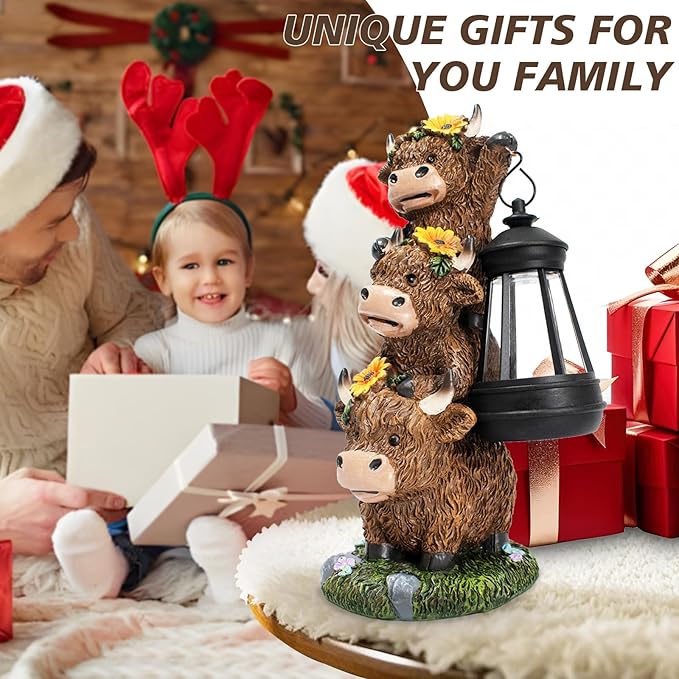 Solar Three Highland Cow Statues Outdoor Garden Decor with Latern Funny for Yard Lawn Ornaments Porch Patio Balcony Home Birthday Easter Gifts for Women Grandma Mom