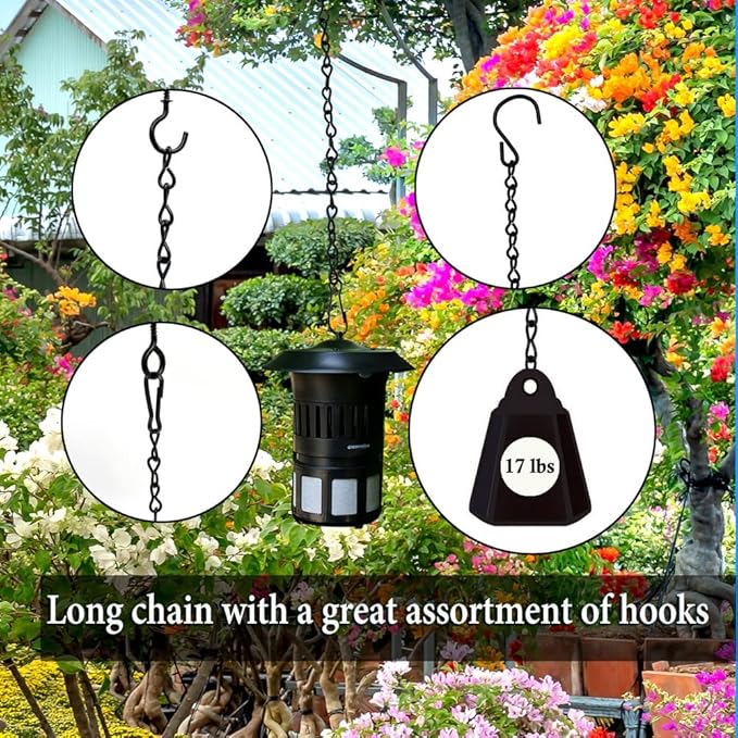 236 Inch Black Metal Hanging Chains and Hanging Basket Hooks Set for Bird Feeders, Birdbaths, Planters, Grow Lights, Lanterns, Wind Chime and Ornaments, Screw Eye Hooks, Chain Hooks DIY
