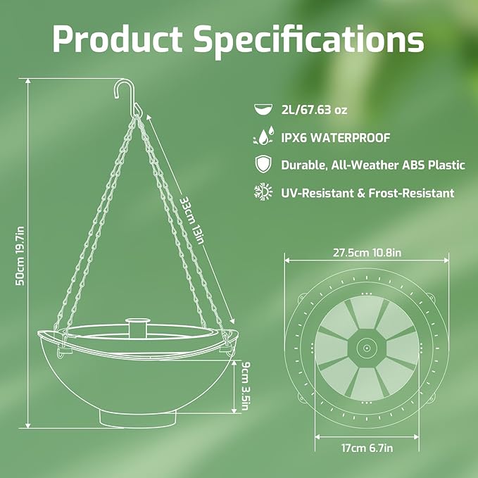 Solar Bird Bath Fountain with Battery, 3-in-1 Hanging & Freestanding Birdbath with Low-Water Protection & 3 Nozzles for Garden, Patio Decor (Forest Green)