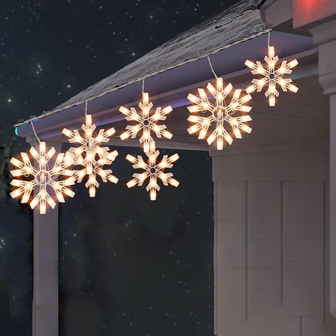 Dazzle Bright Christmas Snowflake Lights Outdoor,100 Count 8.5FT Connectable Waterproof Christmas Icicle Lights with 6 Drops Plug in for Indoor Xmas Yard Home Decorations (Warm White)