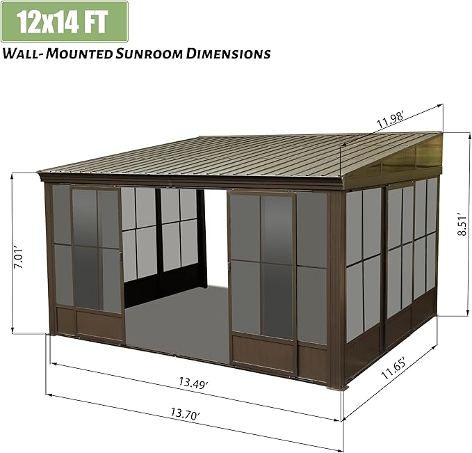 12'x14' Lean to Sunroom, All Weather Wall Mounted Solarium, Hardtop Aluminum Gazebo with Galvanized Steel Roof, 2 Sliding Doors, PVC Screens, Outdoor Permanent Sun Room for Patio, Deck, Backyard