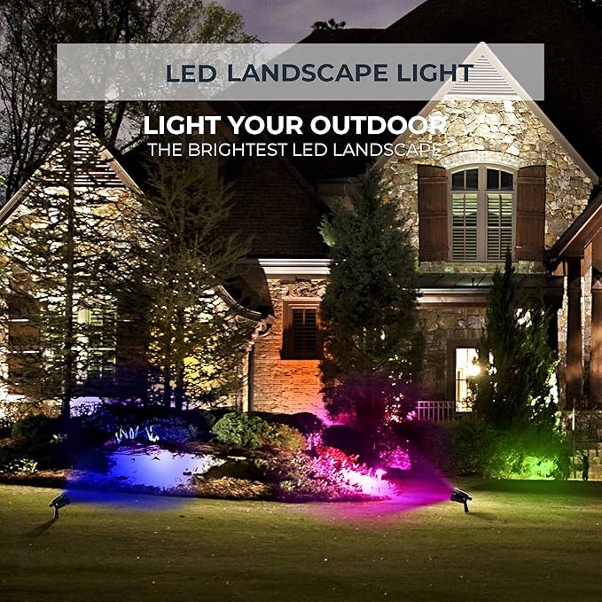 SHOYO Outdoor Spotlights with Timer, Yard Spot Lights 5W 120V Colored RGB LED Landscape Uplights Memory Dimmable with Spiked Stand for Flags Lawn Porch Halloween, 4 Lights