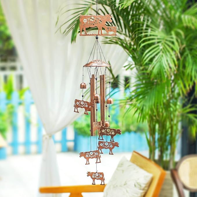 Cow Wind Chimes Outdoor Cow Gifts for Women/Men/Mom/Wife/Grandma Birthday Gifts Memorial Gift Metal WindChimes for Outside/Indoors, Lawn, Patio, Home, Porch, Yard Decor, Garden Decorations
