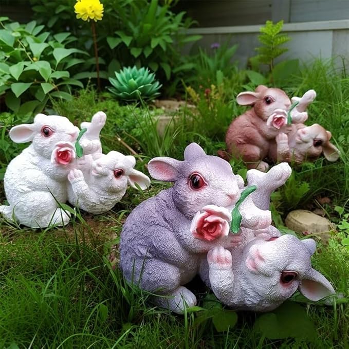 Garden Statues Bunny Decor Resin Flower Rabbit Figurine Cute Fairy Garden Decor Outdoor Statues for Patio Yard Porch Balcony Gifts for Women Mom Grandma Brown