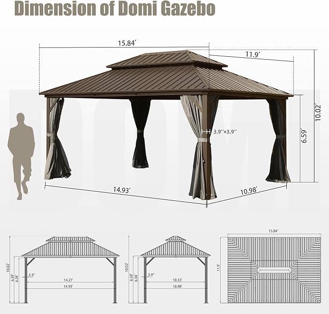 Domi 12'x16' Hardtop Gazebo Canopy Metal,Outdoor Metal Gazebo with Galvanized Steel Double Roof,Curtain and Netting,Permanent Gazebo Pavilion for Patio Deck,Backyard