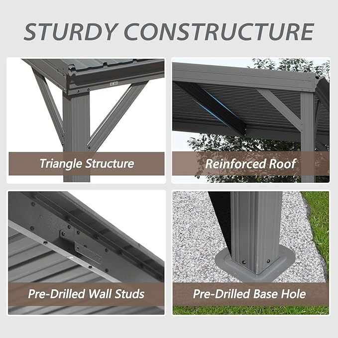 Domi 8'x10' Wall Mounted Hardtop Gazebo, Connectable Lean to Pergola with Gutters & Galvanized Steel Roof, 60MPH Wind Resistance, Outdoor Heavy Duty Metal Awning for Patio, Deck, Backyard - Grey