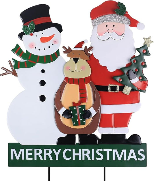 YEAHOME Outdoor Christmas Decorations, 3 Metal Snowman Santa Claus Deer Decorative Garden Stakes for Christmas Outdoor Yard, Xmas Signs for Home Outside Yard Lawn Porch Pathway Xmas Decor