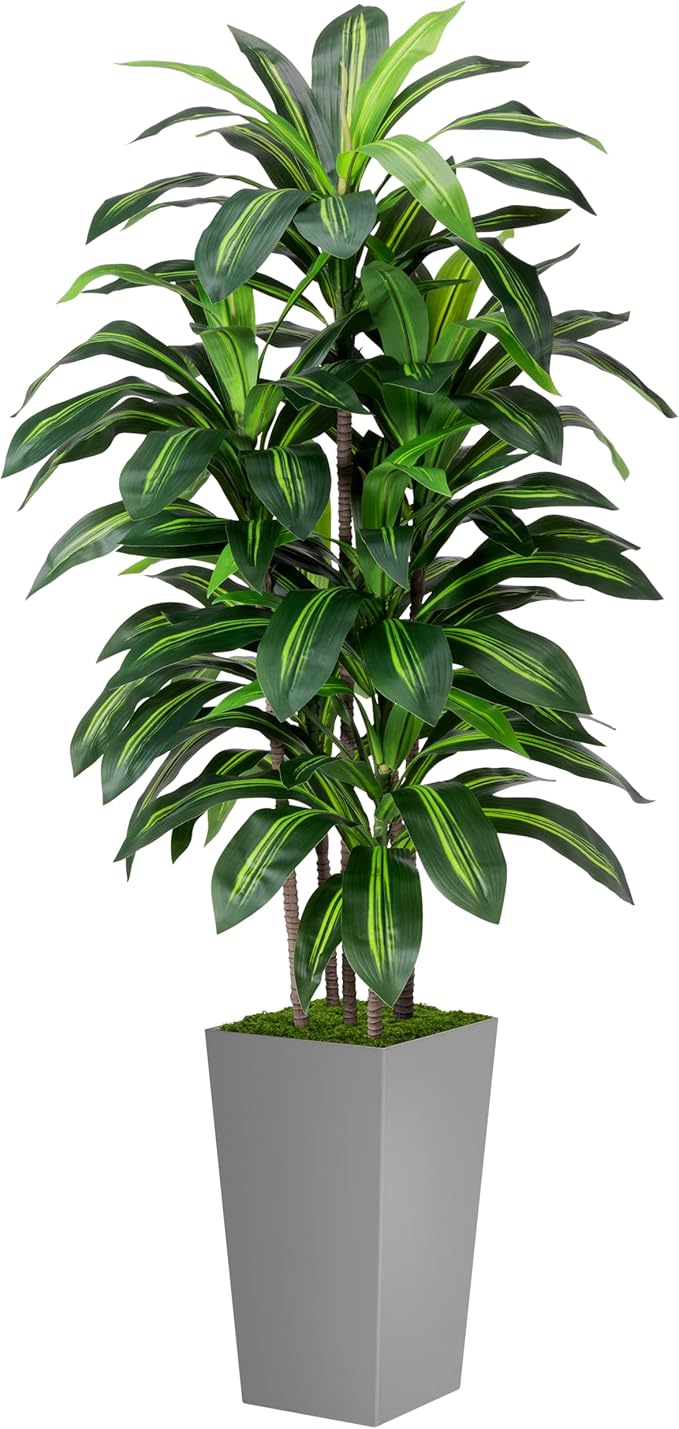 Artificial Dracaena Plant Indoor 5FT - Fake Tree with Gray Tall Planter - Faux Yucca Tree Tall Fake Floor Plant in Pot - Artificial Trees for Home Office Indoor