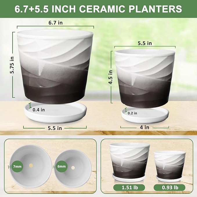 6.7 + 5.5 Inch Plant Pot, Ceramic Planter with Drainage and Saucer,Ceramic Pots for Plants, Indoor Plant pots,Ceramic Flower pots(Dark Gray+White)