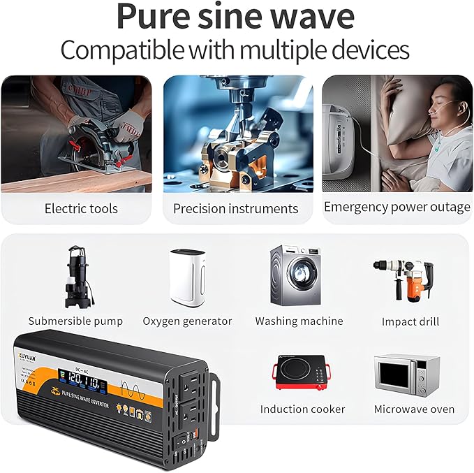 1000W Pure Sine Wave Inverter (2000W Peak), 12V/24V Auto-Detect, 50Hz/60Hz Switchable, LCD Display, Type-C Fast Charging, Silent Design, Overload & Overheat Protection for RV, Home (Black-1000W)