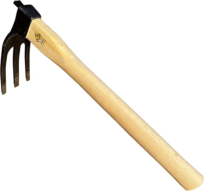 14 inch Japanese Hand Tiller/Rake for Garden, 3-tines Cultivator, Without Welding, Oak Handle, for Digging, Soil Preparation, Chopping Through Roots and Hard Soil and Other Gardening tasks