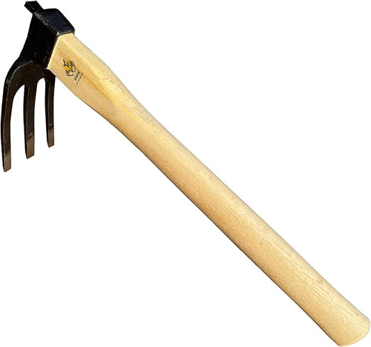 14 inch Japanese Hand Tiller/Rake for Garden, 3-tines Cultivator, Without Welding, Oak Handle, for Digging, Soil Preparation, Chopping Through Roots and Hard Soil and Other Gardening tasks